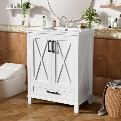 ORRD 24" Bathroom Vanity with Sink, Solid Wood Frame, 2 Doors, Drawer & Storage Shelves