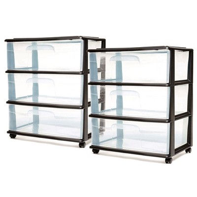 HOMZ 3-Drawer Cart Organizers with Removeable Wheels, Medium, Black & Clear