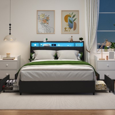 ORRD Queen Platform Bed Frame with Ergonomic Headboard, LED Lights, Outlets & Storage Shelf, Noise-Free