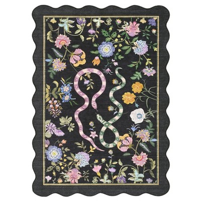 Washable Scalloped Living Room Rugs, Floral Snake Print Farmhouse Bedroom Carpet, Non Slip Low Pile Dining Room Rugs