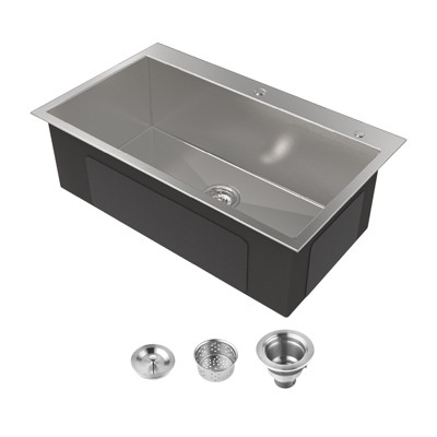 Cobbe Black 32" Drop-in Kitchen Sink, Stainless Steel 2-Hole Deep Single Bowl Sink Basin
