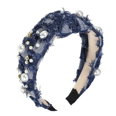 Unique Bargains Women's Pearly Crystal Knotted Headband Deep Blue 1 Pc