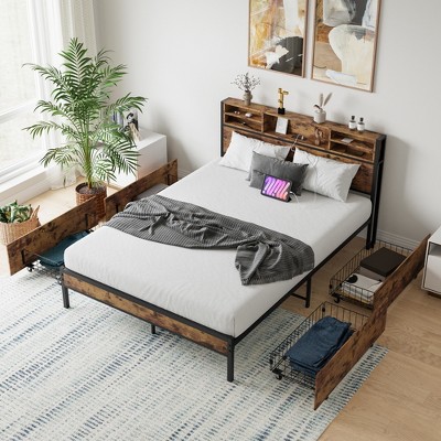 KTMBDW Queen Bed Frame with Storage Charging Station Headboard, Metal Platform Bed 4 Storage Drawers, No Box Spring Required, Easy Assembly, Brown