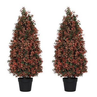 NAYSAYE Planter 90cm Artificial Boxwood Topiary Tree Red Faux Plant for Indoor Outdoor Garden, Red, 9.8"*9.8"*35.4"