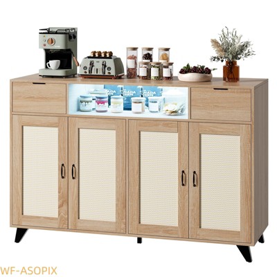 Boho Rattan Buffet Cabinet with Power Outlet & LED Lights - BOHO Sideboard Buffet Sideboard for Living Room or Dining Room