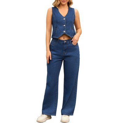 INSPIRE CHIC Women's Denim Button Down Sleeveless Vest and Wide-leg Pants Denim Set
