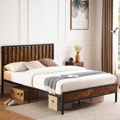 Bed Frame with Headboard Footboard Rustic Wood Farmhouse Platform Metal Wrought Rod Slat Bedframe, No Box Spring Needed, Easy Assembly
