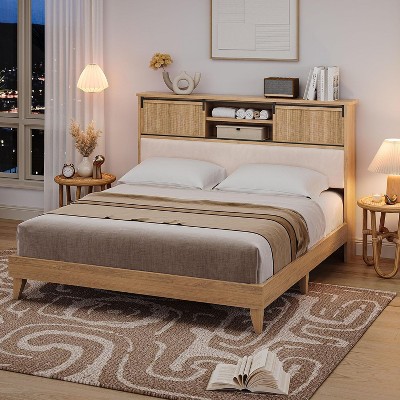 Boho Rattan King Bed Frame with Headboard & Sliding Door Storage Shelves, Solid Wood Foundation, Noise-Free, No Box Spring Needed