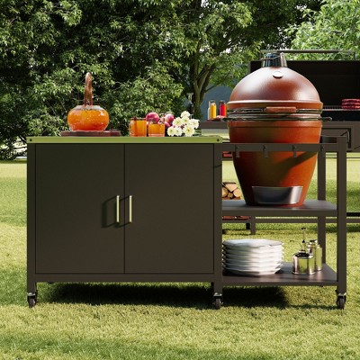 Famapy Outdoor Dining Tables BBQ Grill Table with Storage Cabinet, Black Steel Frame Bar Cart Kitchen Table