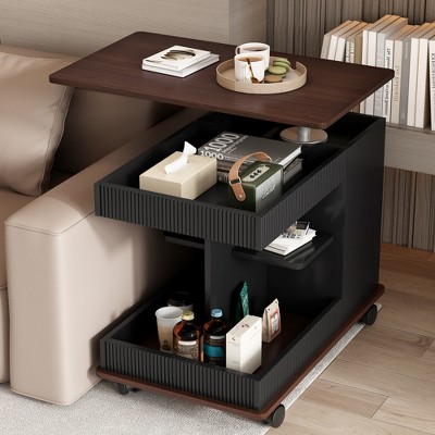 KWPZQEB Adjustable End Table with Wheels, Modern Multifunctional Sofa Side Table with 2-Tier Storage Space & Rotating Top for Living Room, Small Space