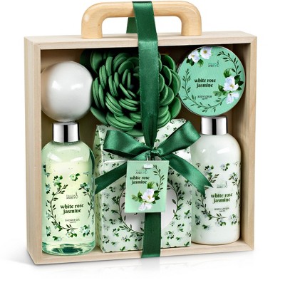 White Rose & Jasmine 7pc Spa Gift Set – Elegant Floral Bath & Body Collection in Wood Curio Box – Shea Butter & Vitamin E