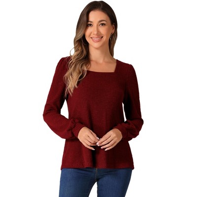 Allegra K Women's Square Neck Ribbed Knit Casual Lightweight Long Sleeve Sweater Top