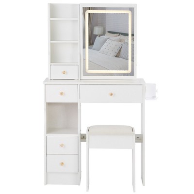 Makeup Vanity Desk with Mirror and Lights, Small Makeup Table Set with Drawers & Cabinet, Dressing Table with Stool & Power Outlet for Bedroom