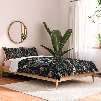 Queen Emanuela Carratoni Peacocks and Berries Polyester Comforter + Pillow Shams Blue - Deny Designs: Abstract Pattern, 300 Thread Count