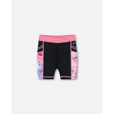 Deux par Deux Girl Printed Athletic Biker Short Black, Pink and Multicolored Butterflies