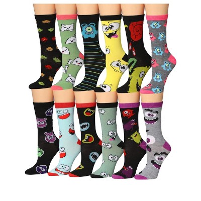 Tipi Toe Women's 12 Pairs Lightweight Colorful Cartoon Funny Eye Monster Face Patterned Crew Socks