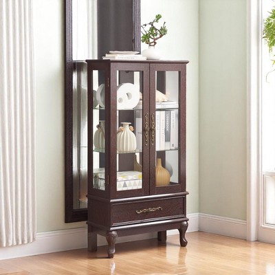 Lighted Glass Curio Cabinet with 2 Doors & Drawer, Glass Shelves, Display Cabinet, Illuminated Wine Storage Sideboard for Home– Bulb Included