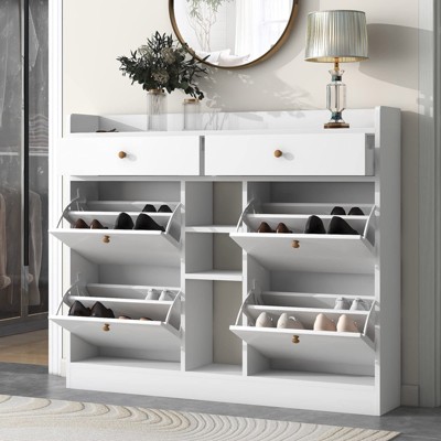 Angel Sar Modern Shoe Cabinet with 4 Flip Drawers,White Shoe Storage Organizer for Bedroom, Living Room, Hallway