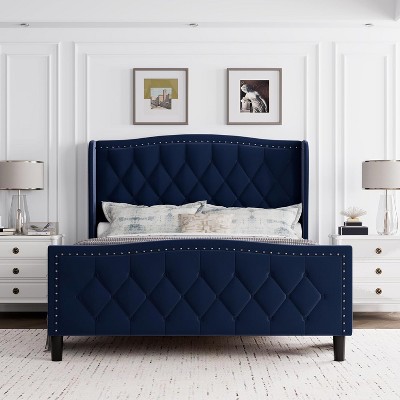 Bed Frame with 4 Storage Drawers & Charging Station, Upholstered Platform Bed with Wingback Storage Headboard, No Box Spring Needed