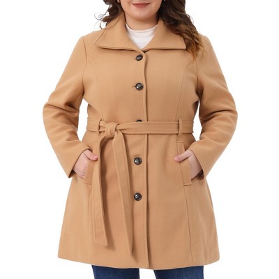 Women's Plus Size Lapel Long Sleeves Pockets Winter Casual Single Breasted Pea Coat with Belt - Agnes Orinda