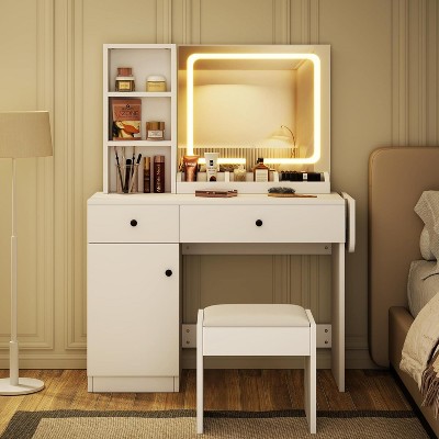 Bedroom Vanity with Lights, Wooden Dresser Set, Modern Dresser with Drawers, Cabinet, Shelf and Stool for Dresser, White