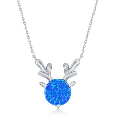 Opalata Sterling Silver Round Blue Opal Deer Necklace - Blue - 16+2 Inch