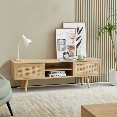 Rattan TV Stand, Entertainment Center with Sliding Doors, TV Console Cabinet with Adjustable Shelf, Natural-ModernLuxe
