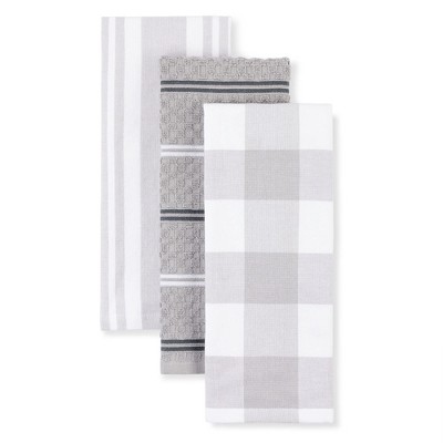 KitchenAid Stripe Gingham Dual Polyester Cotton Kitchen Towel 3-Pack Set, Matte Grey