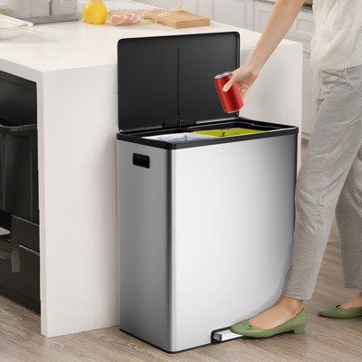 16 Gallon/60 L Dual Compartment Stainless Steel Trash Can with Double Removable Inner Bucket, Step Trash Bin&Soft-Close Lid,Multiple colors