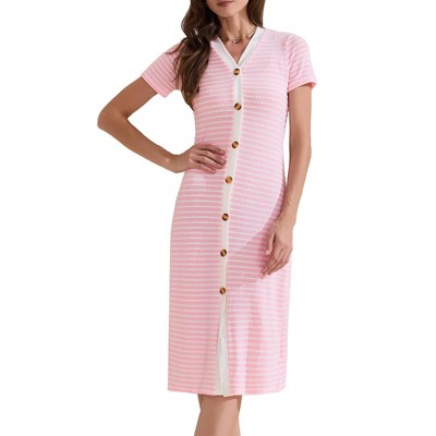 INSPIRE CHIC Women's Button Down V-Neck Short Sleeve Striped Ribbed Knit Midi Dresses