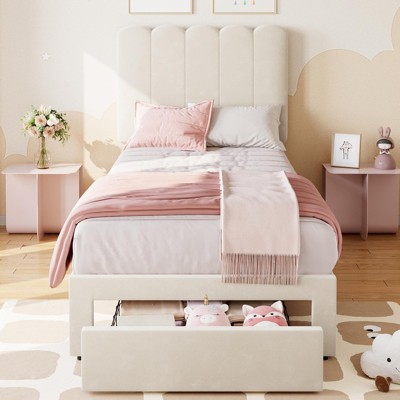 Twin Bed Frame with Storage Drawer and Headboard, Velvet/Boucle Upholstered Twin Platform Bed Frame for Girls