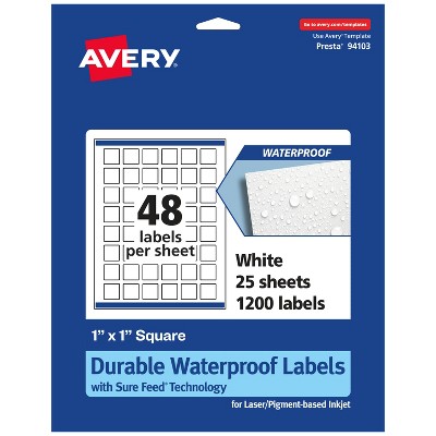 Avery Durable Waterproof Square Labels with Sure Feed, 1" x 1"