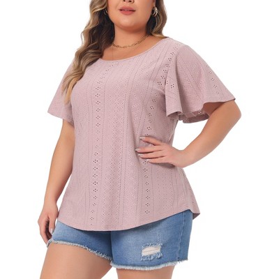 Agnes Orinda Women's Plus Size Eyelet Embroidered Round Neck Flare Sleeve Casual Summer Blouses