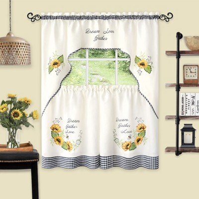 Kate Aurora Montauk Accents "Dream, Love, Gather" Embellished Sunflowers 3 Piece Kitchen Curtain Tier Set
