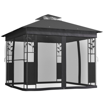 Outsunny 10' x 10' Outdoor Gazebo with Shelves and Netting, Double Roof Patio Gazebo Canopy Shelter, UV30+ Protected