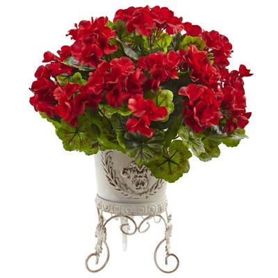 Nearly Natural Geranium with Metal Planter UV Resistant (Indoor/Outdoor), Red