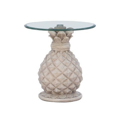 Pamella Pineapple Side Table with Glass Top Gray - Powell: Beveled Top, Magnesium Oxide Base, 20" Diameter