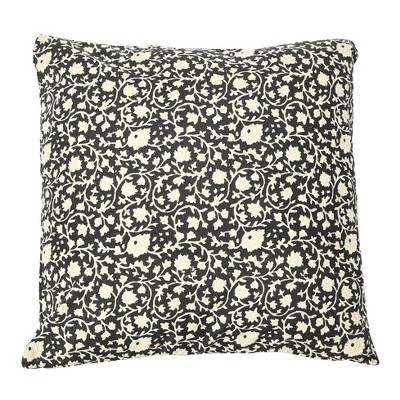 Storied Home Vintage Inspired Floral Block Pattern Square Cotton Decorative Throw Pillow, Black & White