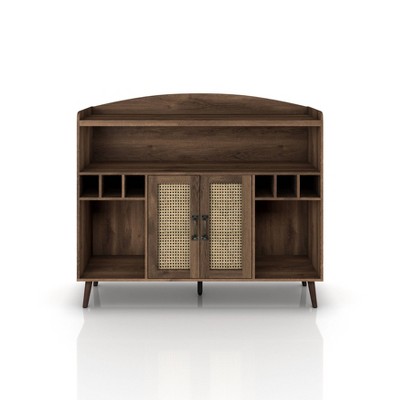 Klimar Open Shelves Buffet Distressed Walnut - miBasics: Midcentury Server, 6-Bottle Cubbies, Woven Door