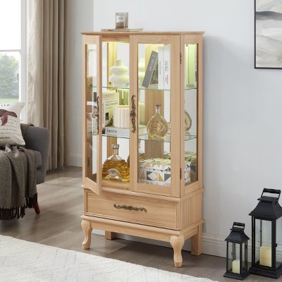 Lighted Glass Display Cabinet with Mirrored Back, Adjustable Shelves and Drawer, 51.6 in Traditional Curio for Collectibles-3irtyhousy