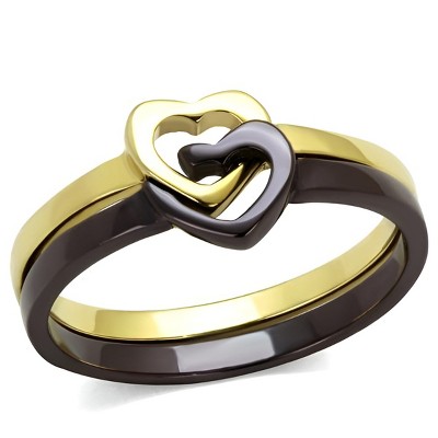 Slickblue Women’s Two-Tone Interlocked Heart Ring, Gold & Dark Brown Stainless Steel, Minimalist Stackable, Sizes 5-10