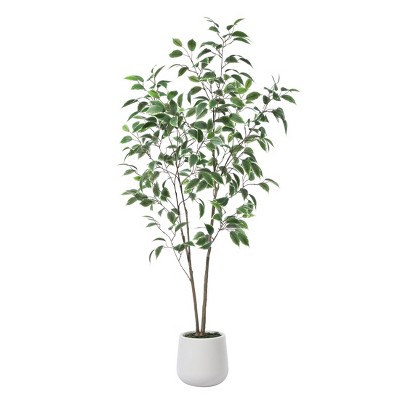 DR.Planzen 5-7FT Artificial Ficus Tree with Round White Planter, Pre Potted Faux Plant with White Border Leaves for Indoor Home Decor
