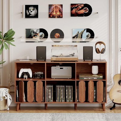 Acekool 55" Vinyl Record Stand with Power Access, Mid-Century Media Console, Turntable Storage & Adjustable Shelves for Living Room