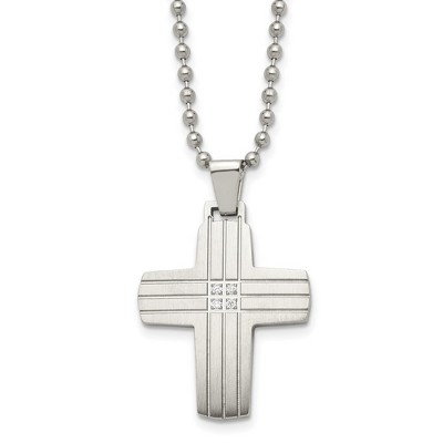 Black Bow Jewelry Men's Stainless Steel & CZ Grooved Cross Necklace, 22 Inch