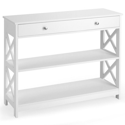 Costway 3-Tier Console Table X-Design Sofa Entryway Table with Drawer & Shelves Gray\ Espresso
