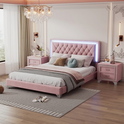 3 PCS Bedroom Sets, Queen Size Upholstered Platform Bed with Two Nightstands-ModernLuxe