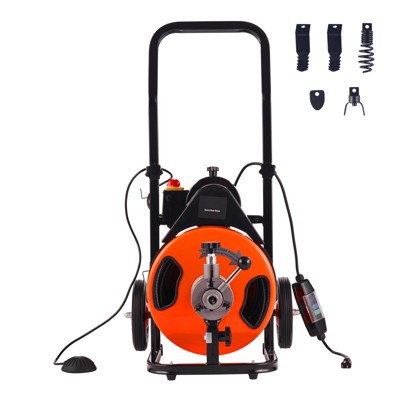 VEVOR Drain Cleaning Machine 50 FT x 1/2 Inch, Sewer Auger Auto Feed with 4 Cutter & Air-activated Foot Switch for 1" to 4" Pipes, Orange, Black