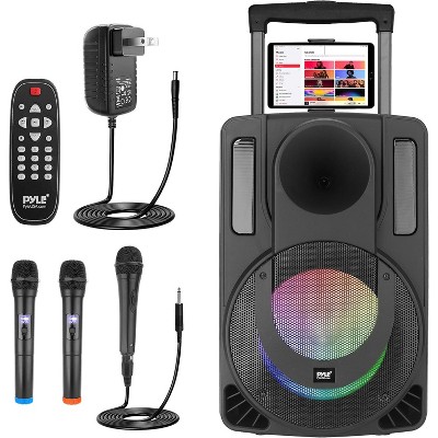 Pyle 15” Bluetooth Portable PA Speaker - PA & Karaoke Party Audio System with Wireless & Wired Microphones, Flashing Party Lights
