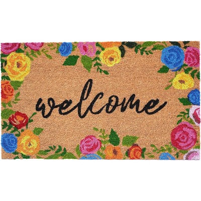 HomeRoots 17" X 29" Natural Blue Pink And Yellow Floral Welcome Outdoor Coir Door Mat