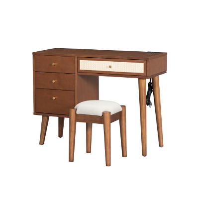 Ridstar 39 in. W Wooden Makeup Vanity Set with 3 Storage Drawers and 1 Rectangular Rattan Drawer-Walnut